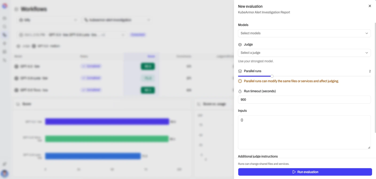 The New evaluation sheet with the fields Models, Judge, Parallel runs, Run timeout (seconds) and Inputs, and a Run evaluation button