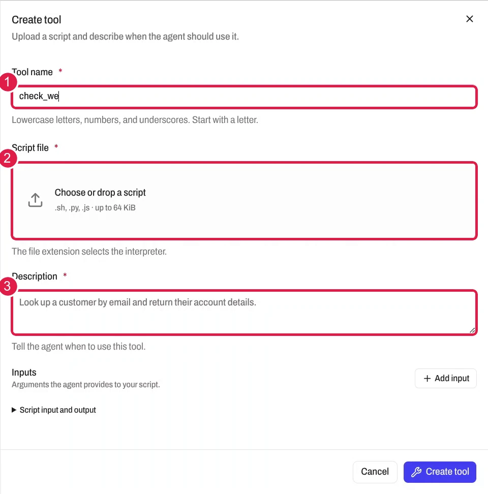 The Create tool sheet with the fields Tool name, Script file and Description marked by red circles 1 to 3
