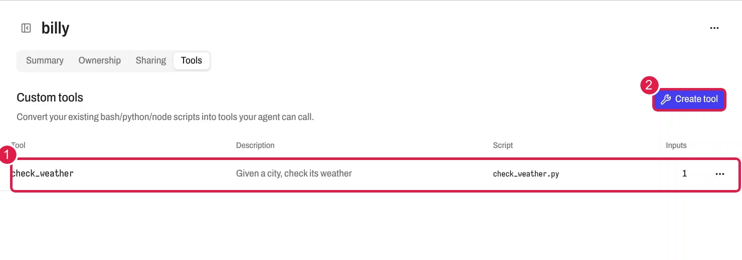 The Tools tab of an agent, with a Custom tools table that lists one tool, its description, its script and its number of inputs, and a Create tool button