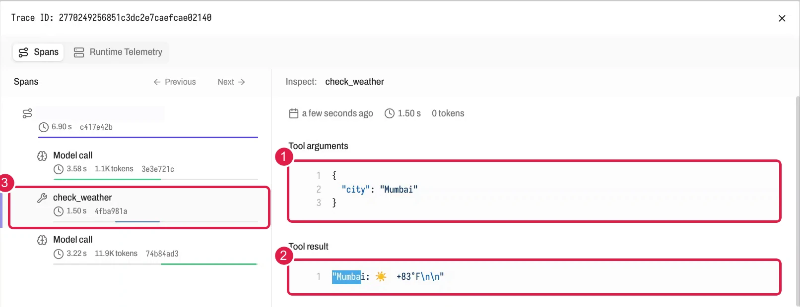 The trace inspector for a check_weather tool call, with the Tool arguments city Mumbai and the Tool result